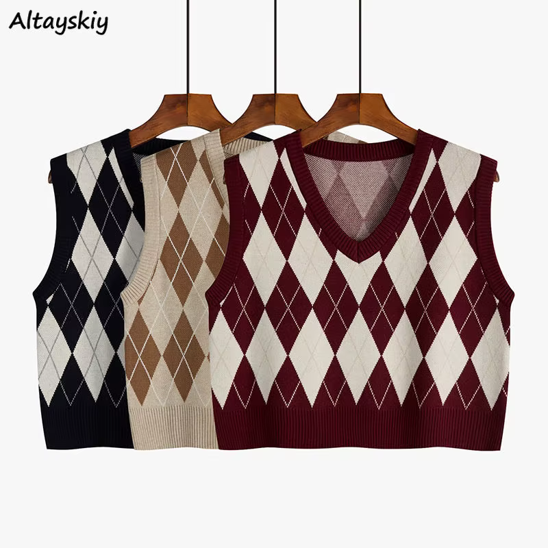 Argyle-Pull rétro à col en V pour femmes