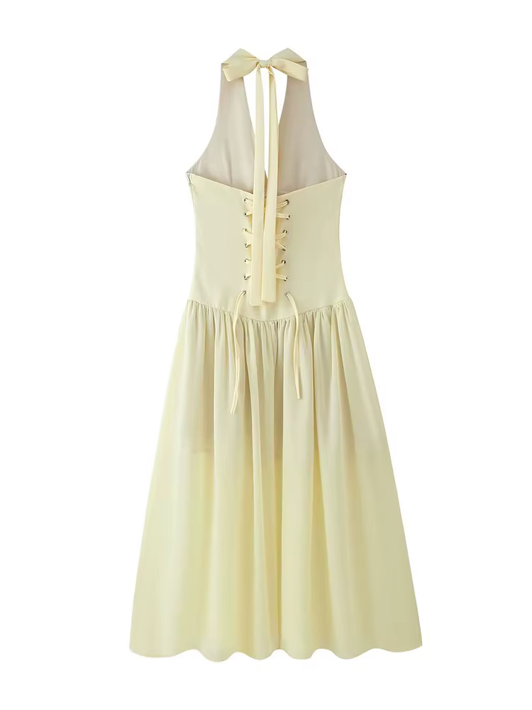 HH 2025 été licou cou robe pour les femmes mode nouveau solide serré longues robes femme Vintage élégant femme robe robes