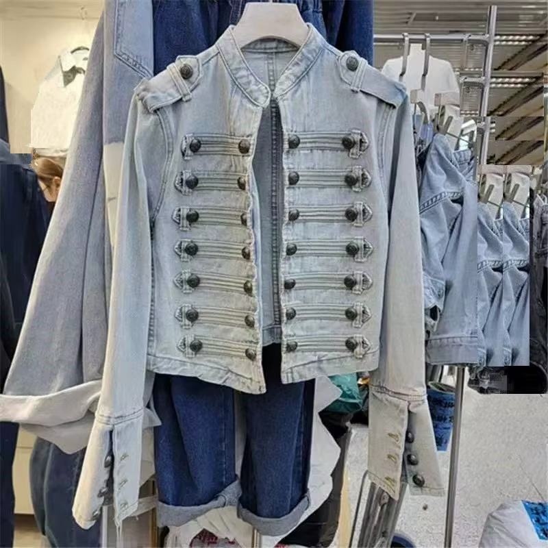 Veste en jean décontractée streetwear ample à boutons et fentes pour femme