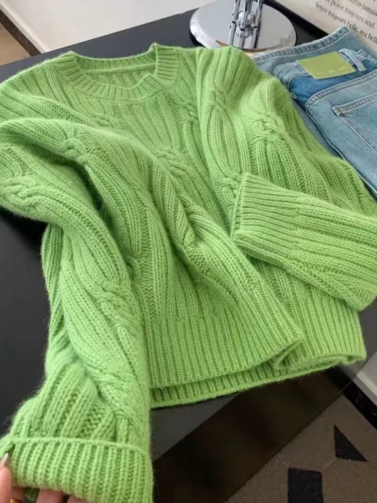 Pulls Verts Doux pour Femmes – Col Rond Tendance, Style Décontracté, Tricot Mignon, Coupe Ample, Style Preppy, Manches Longues, Automne Hiver
