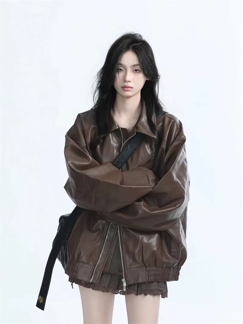 Nouvelle veste en cuir PU marron style locomotive pour femme