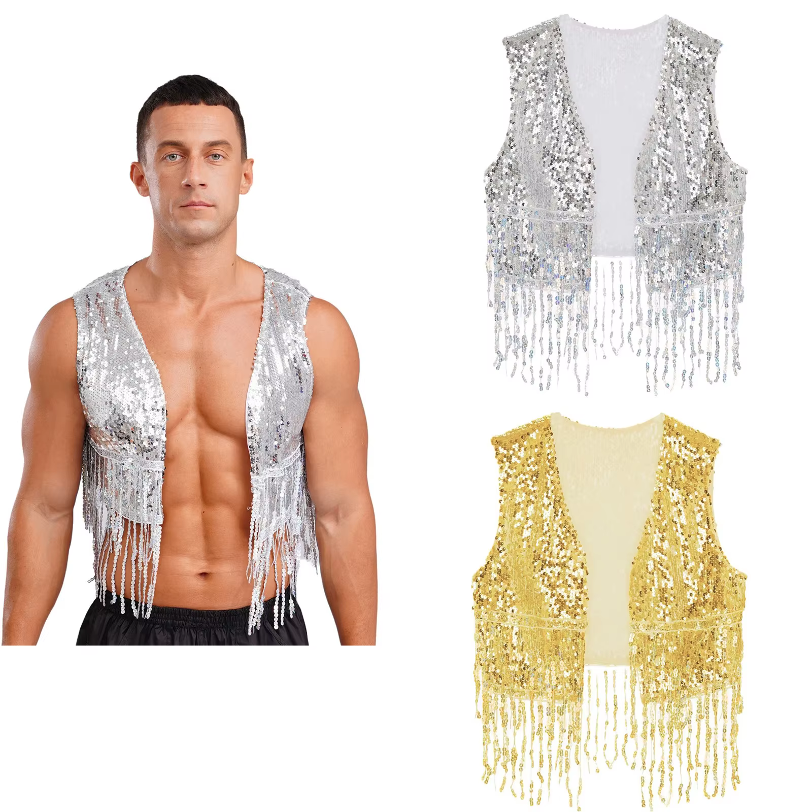 Costume de Cowboy occidental pour hommes, brillant, Vintage des années 70, Costumes Disco, gilet à franges et paillettes, sans manches, ouvert sur le devant, court, Cardigan