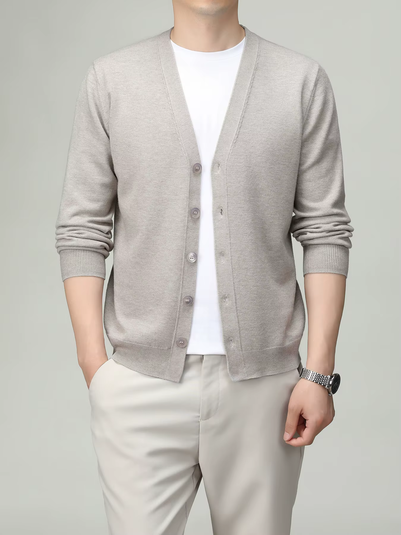 Cardigan Classique Tricoté pour Homme – Printemps/Automne – Couleur Unie avec Boutons – Idéal pour Tenues Décontractées ou Professionnelles – Haut Élégant