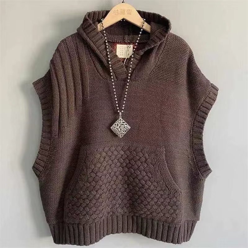 2025 automne hiver sans manches réduction de l'âge dames tricoté pull gilet veste à capuche loisirs couleur unie femmes