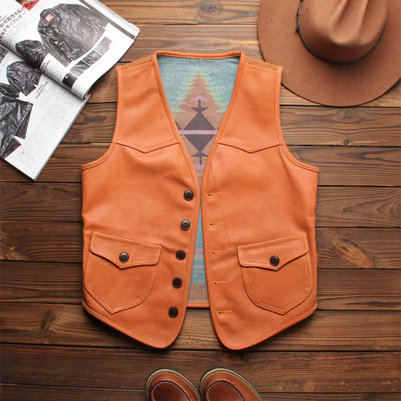 Gilet en cuir Orange Spring pour homme, style rétro, grande taille 5XL, en cuir de vachette véritable, coupe ajustée, court, simple boutonnage, avec empiècements