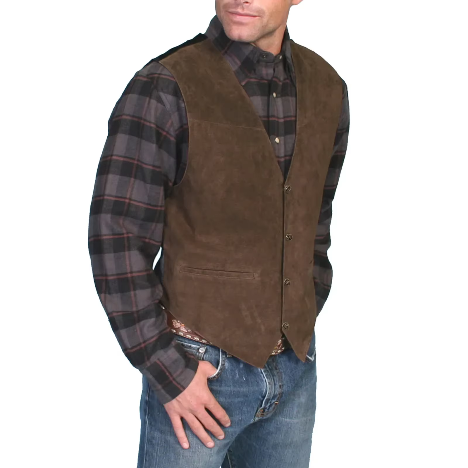 Gilet en cuir pour homme, col en V, simple boutonnage, style western, sans manches, pour motard, club, chopper