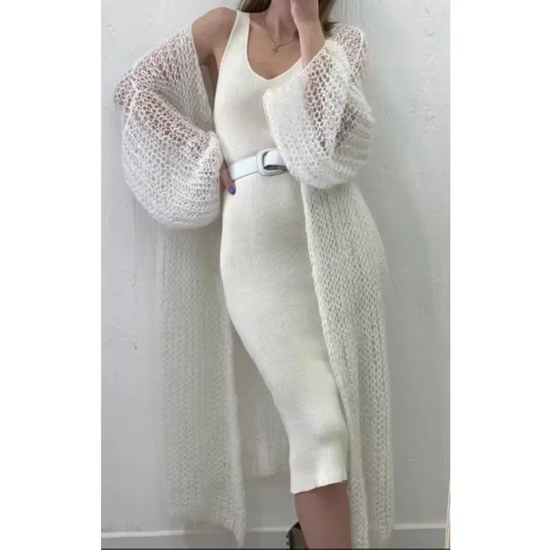 Cardigan en tricot pour femme, style ouvert, avec poches avant, couleur unie, coupe longue et ample, pour l'automne et l'hiver