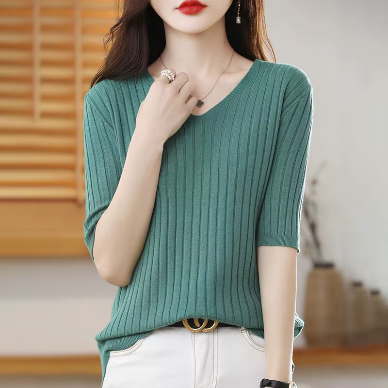 Pull tricoté en cachemire à manches courtes et col en v pour femme