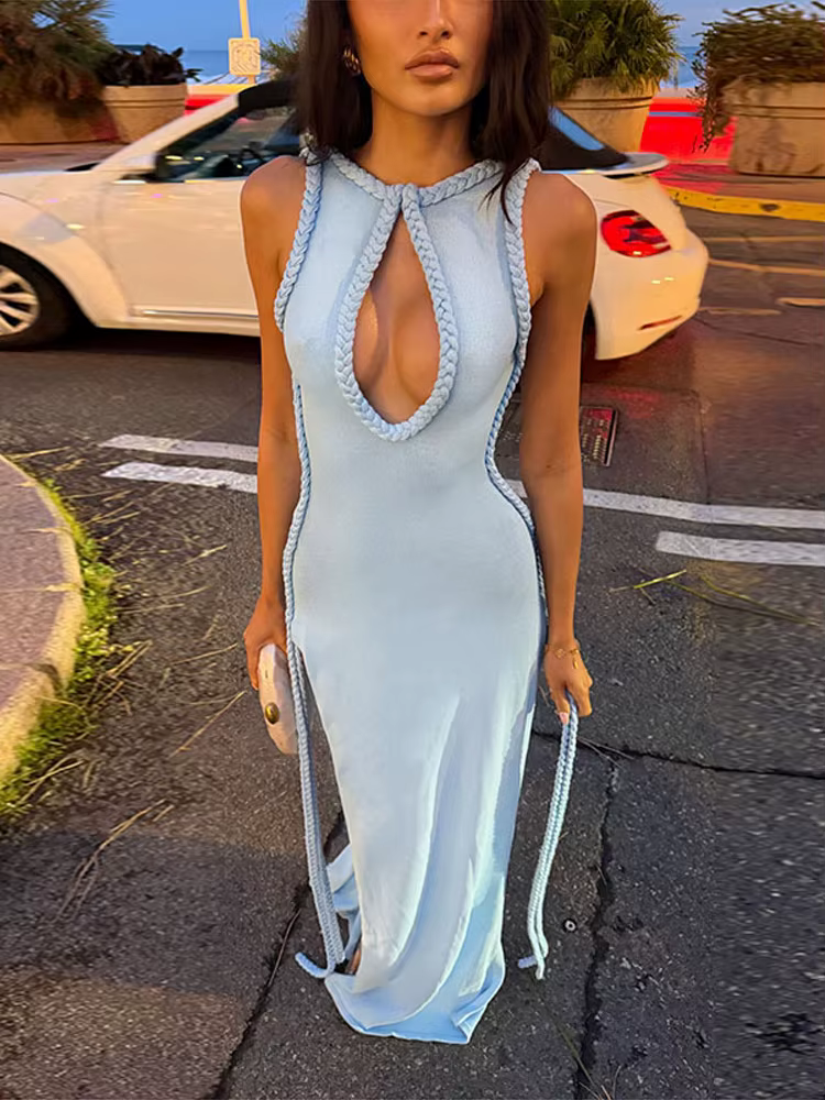 Robe longue de soirée pour femme, col licou, tricotée, avec bordure tressée, découpes et fente haute, couleur unie, nouvelle mode 2026