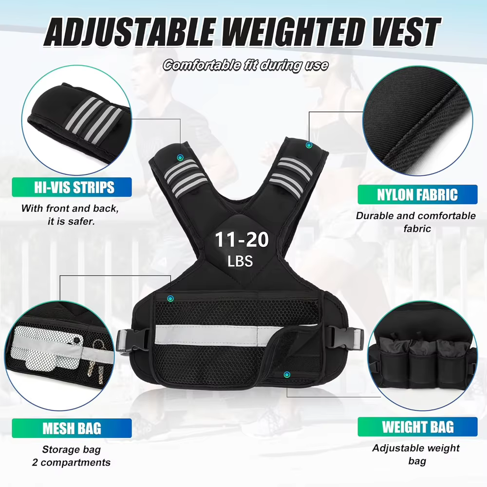 1 gilet lesté réglable, gilet d'équitation de 11 à 20 lb pour femmes et hommes avec 6 poids et grande poche, gilet de poids pour la course à pied, la marche
