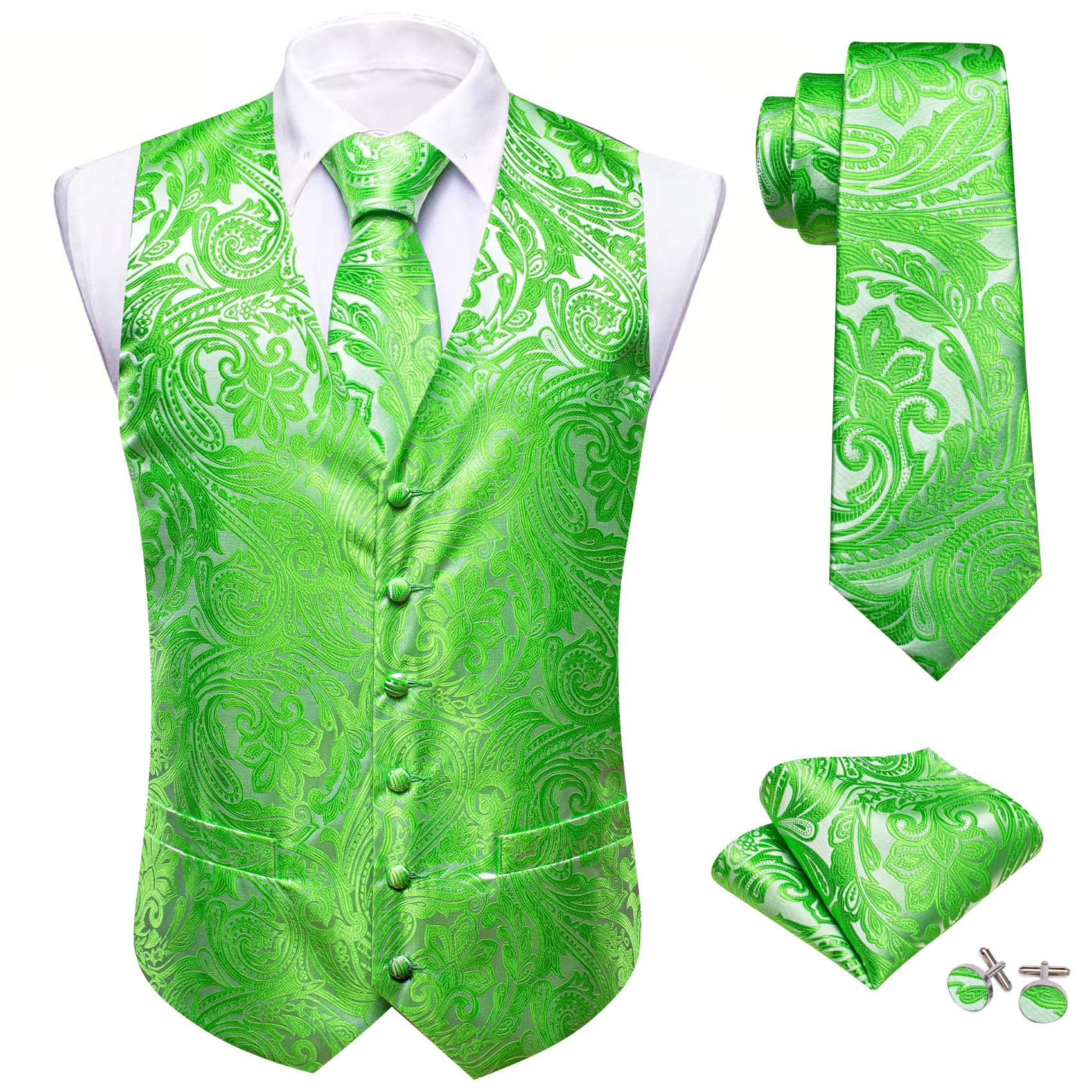 Ensemble de gilet et cravate jacquard pour homme 4 pièces, motif cachemire floral, avec pochette de costume et boutons de manchette, pour costume, smoking, mariage
