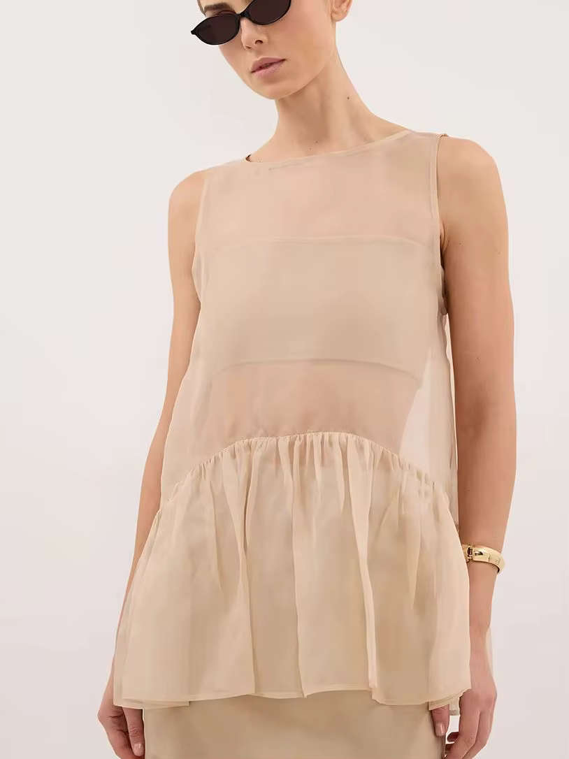 Haut sans manches en maille transparente LIMO pour femme, avec ourlet à volants, fluide et transparent