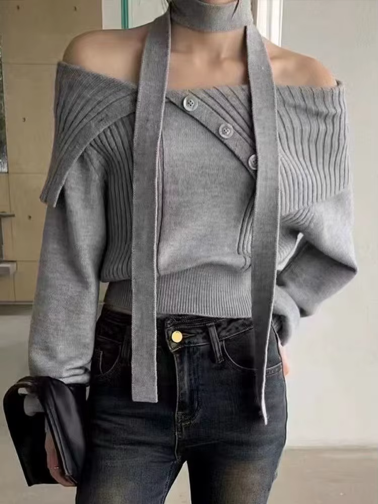 Pull marron à épaules dénudées pour femmes