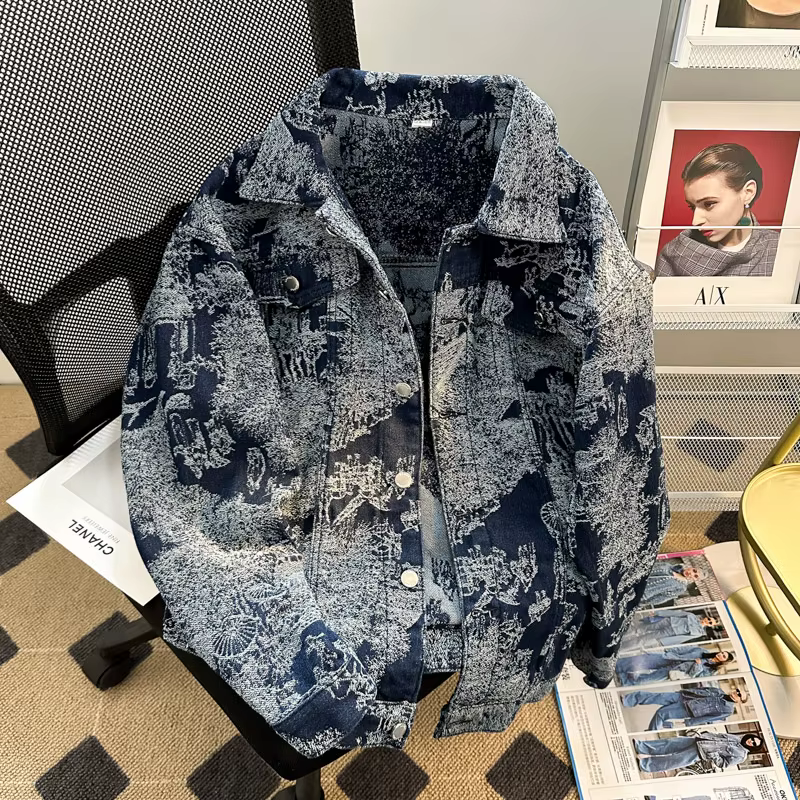 Veste en jean brodée de style punk pour hommes, veste en jean jacquard, vêtements d'automne et d'hiver, style européen, coupe décontractée