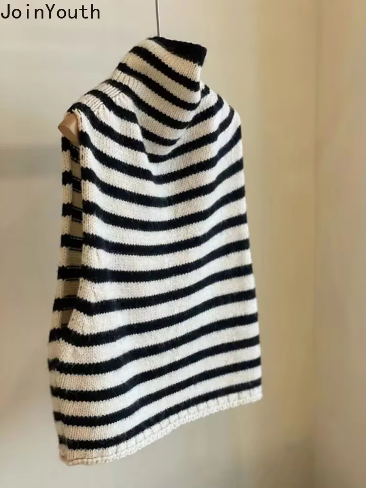 Pull rayé gilet vêtements pour femmes col roulé sans manches