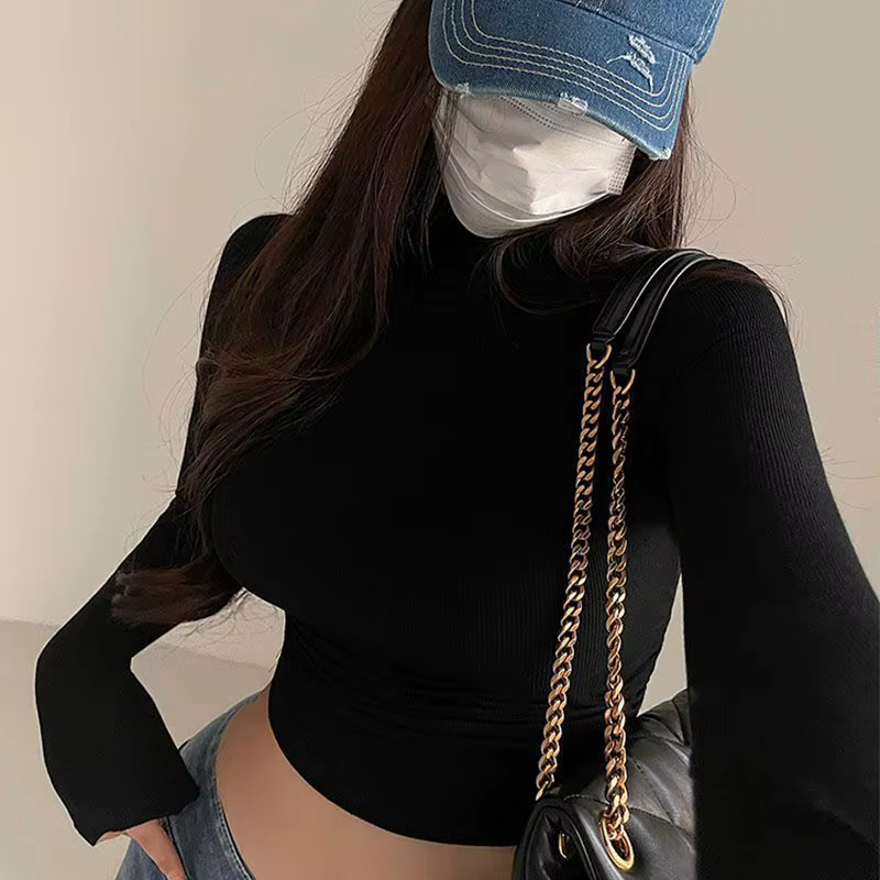Femmes à manches longues col roulé t-shirts côtelé serré tricot Sexy mince ajusté décontracté