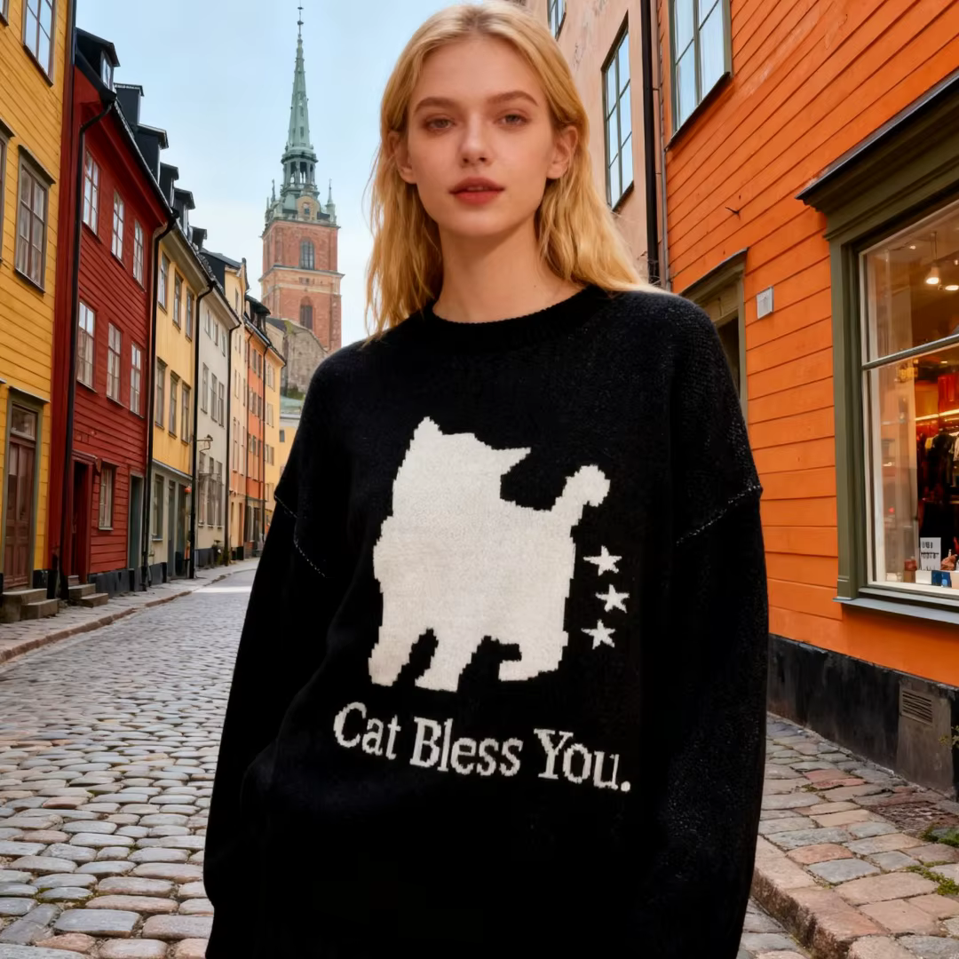 Pull tricoté chat noir pour femmes