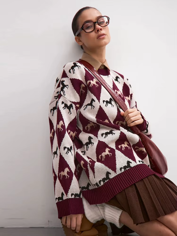 Tricoté imprimé pull femmes à manches longues col rond contraste couleur Patchwork