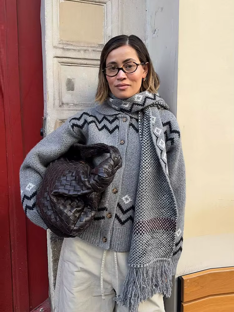 Vintage tricoté imprimé Cardigan manteau femmes Chic décontracté col claudine simple boutonnage pull dame nouveau automne rue tricots