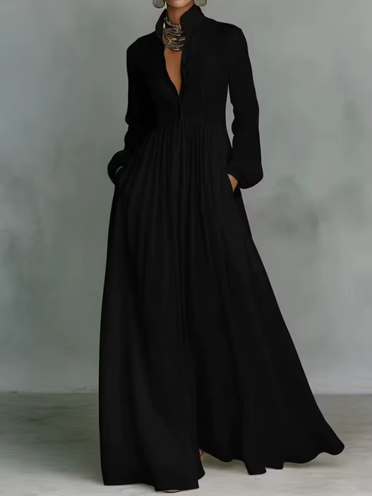 Robe de soirée élégante à col montant et manches longues, Nouvelles robes décontractées unies pour femmes Printemps 2026, Robes à poches pour femmes à simple boutonnage