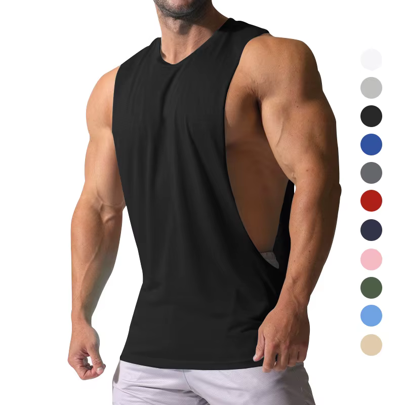 Gilet d'été pour homme à épaules larges, couleur unie, sportif, avec grandes fentes latérales, coupe ample, sans manches