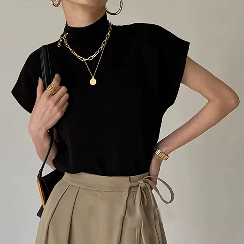 Mode col montant mince femmes tricoté gilet ample solide élégant hauts droits à manches courtes bureau dame t-shirt