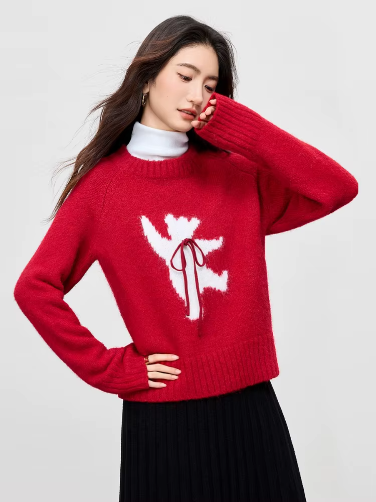Pull femme SENTUBILA à col rond contrastant avec nœud et lacets