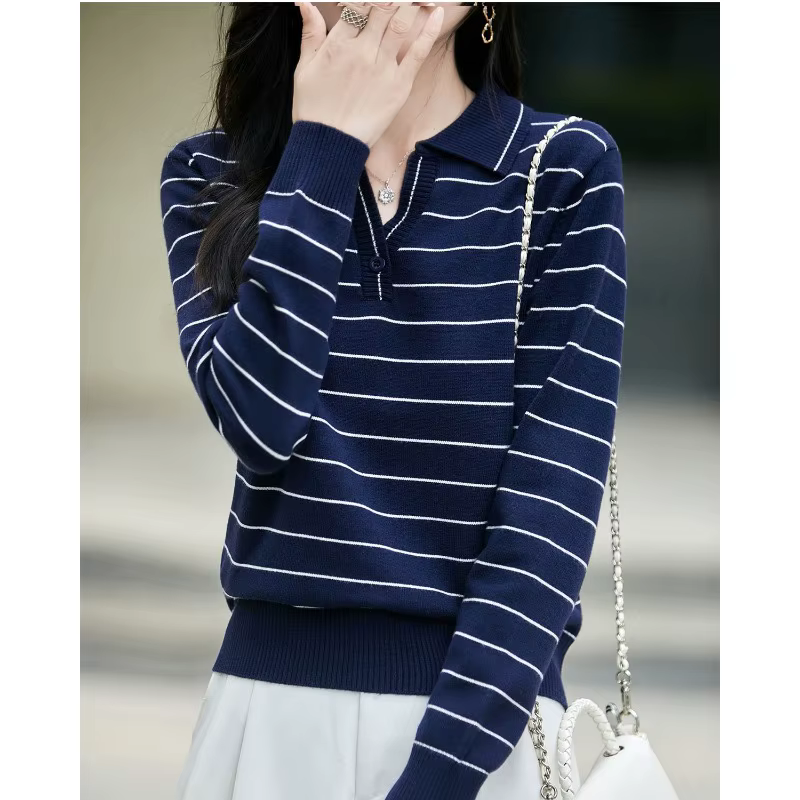 Pull à manches longues et col rayé de Style français pour femmes