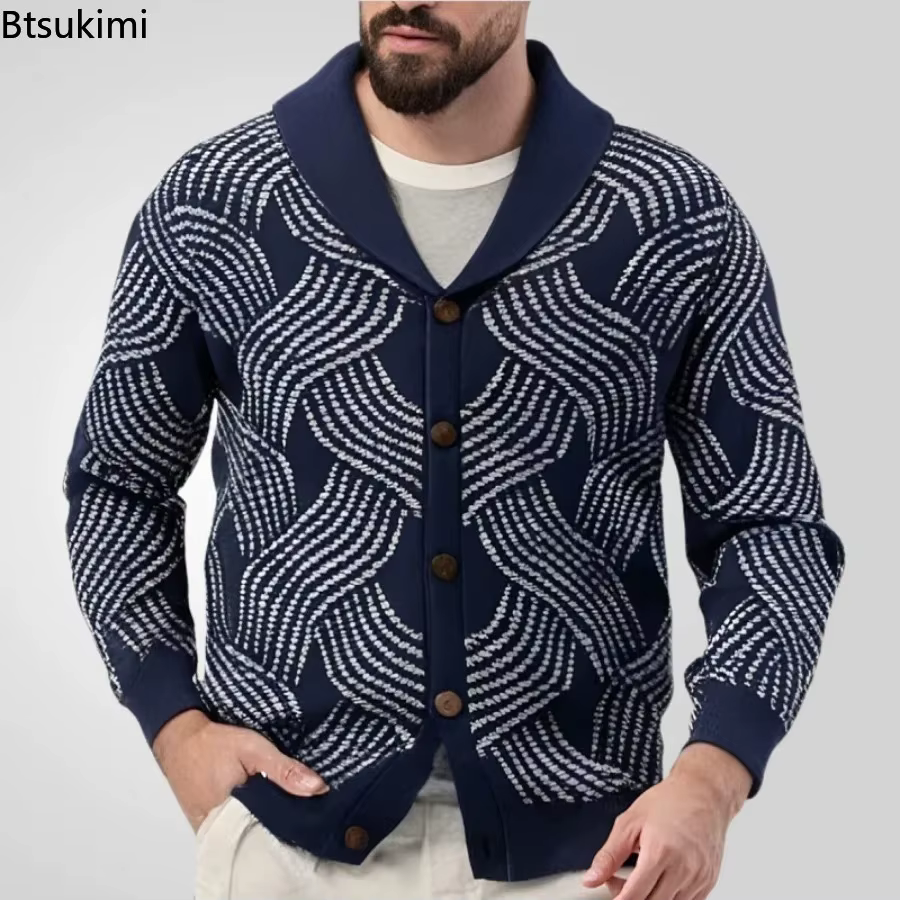 Pulls en tricot jacquard rétro pour hommes, printemps-automne, coupe ample, décontractés, avec boutons, cardigan en tricot, hauts pour hommes, pulls de soirée pour hommes