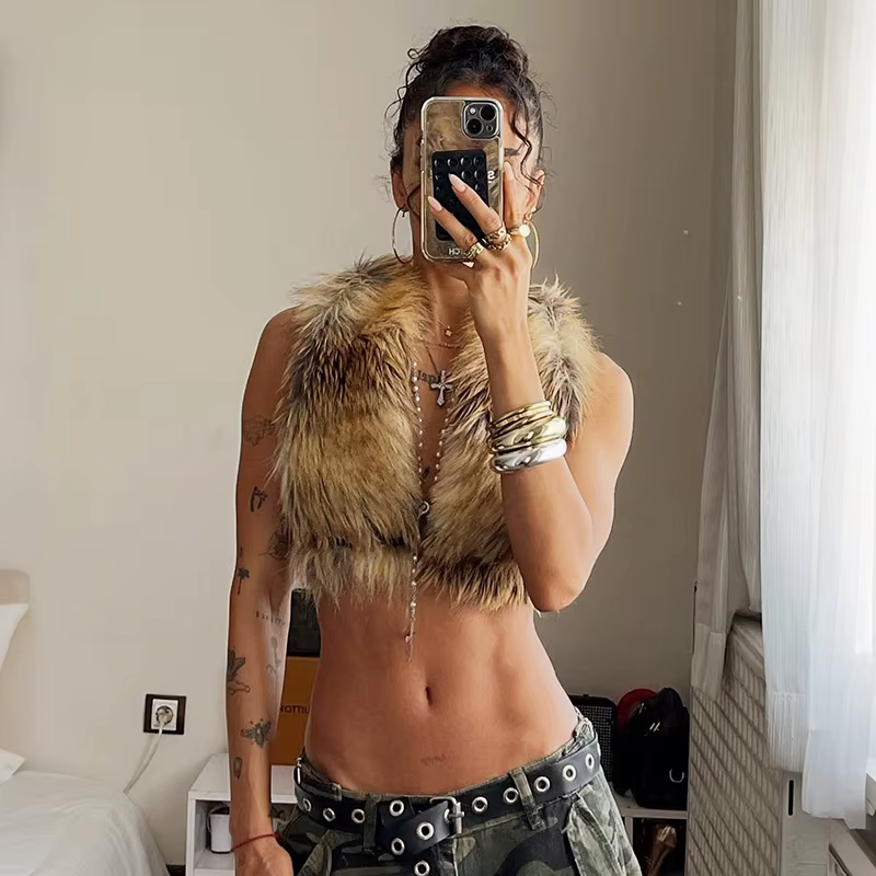 Dégradé moelleux gilet femmes licou dos nu sans manches débardeurs hauts Sexy haut en peluche Hottie Hip-Hop Sweetwear