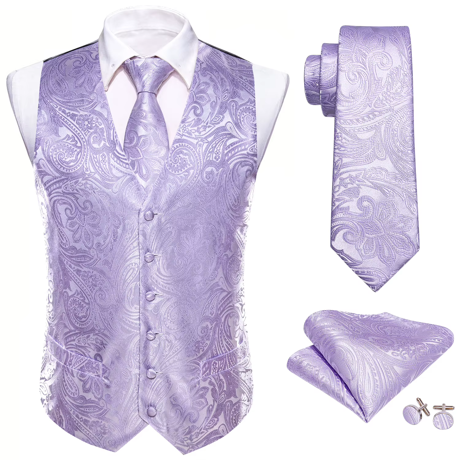 Ensemble de gilet et cravate jacquard pour homme 4 pièces, motif cachemire floral, avec pochette de costume et boutons de manchette, pour costume, smoking, mariage