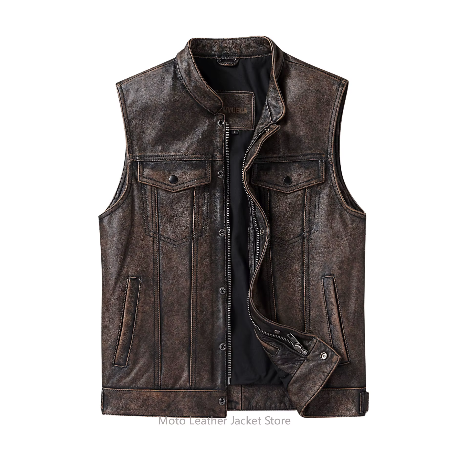 Gilet de motard vintage en cuir de vachette première couche vieilli pour homme – Veste de moto en cuir véritable