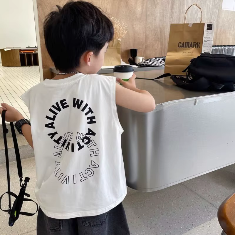 Bébé garçon lettre imprimé gilet 2025 vêtements d'été filles sans manches solide T-Shirts enfants mode hauts amples enfants T-Shirts occasionnels