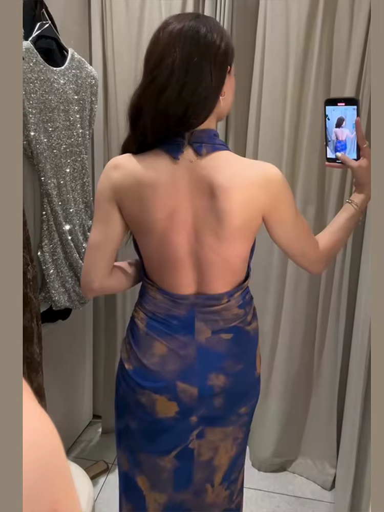 Robe longue imprimée licou pour femmes, col suspendu, Sexy, dos nu, coupe cintrée, fente plissée, Robes de vacances, taille cintrée