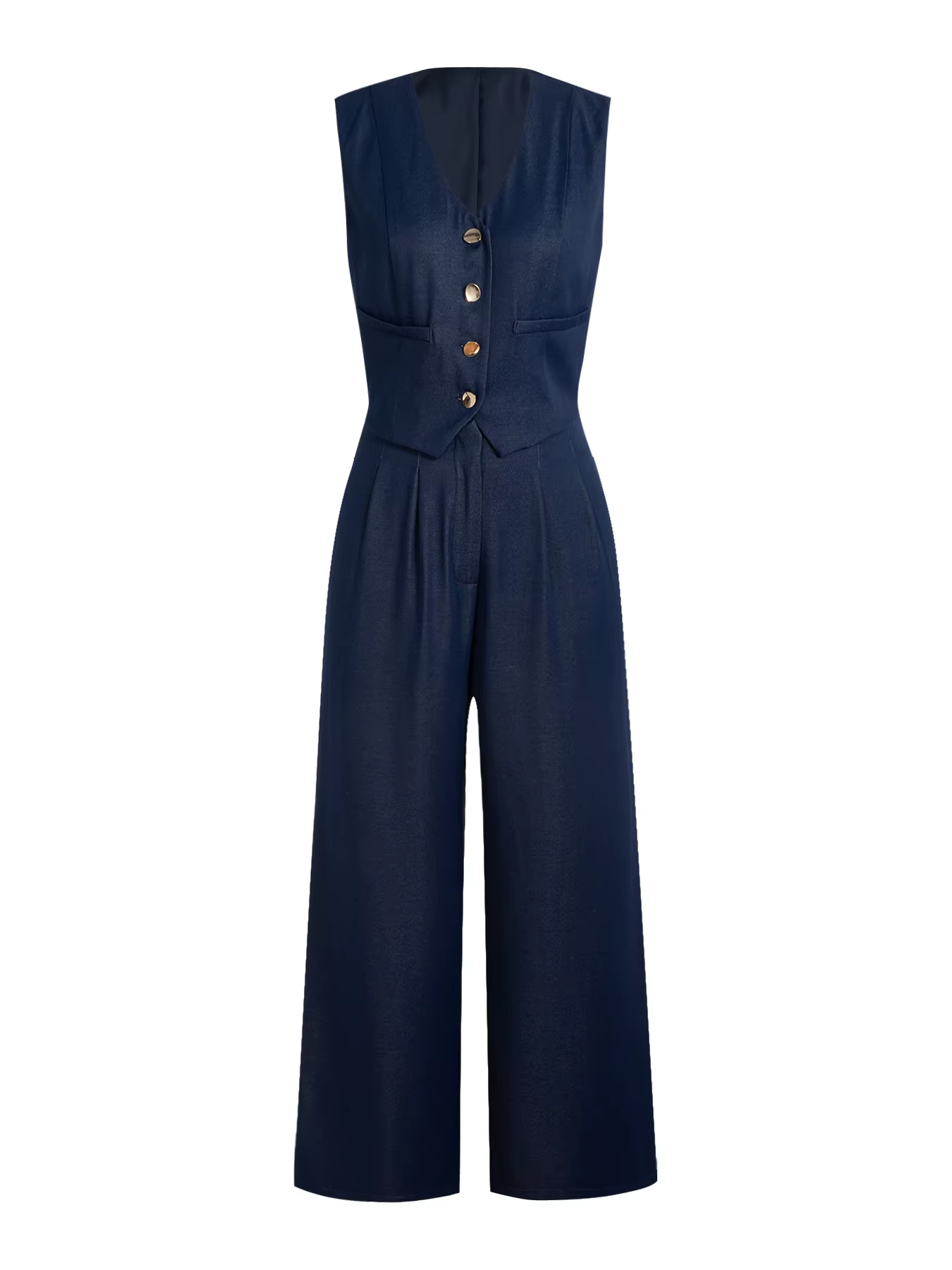 Ensemble tailleur pantalon femme printemps-été bleu marine, gilet sans manches et pantalon large taille haute, élégant pour le bureau ou décontracté, tenue deux pièces