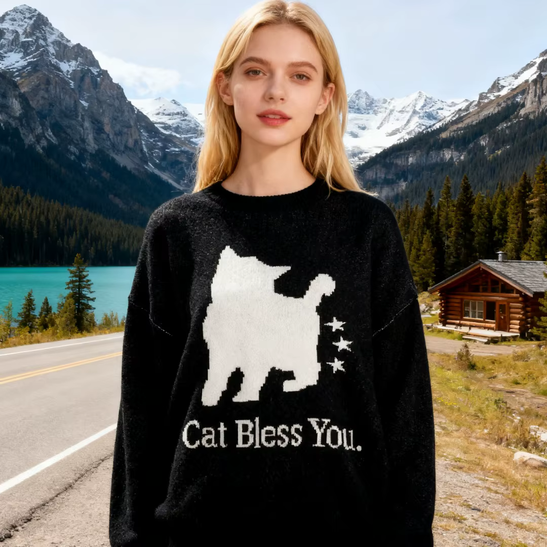 Pull tricoté chat noir pour femmes