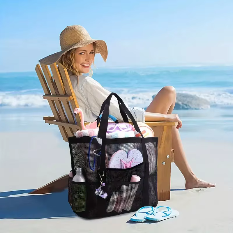 Sac de plage en maille, sac de douche à bandoulière en maille, sac de fitness, sac de natation, sac de voyage à grande capacité pour cosmétiques