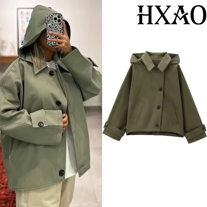 HXAO vert chaud hiver vestes à capuche femmes 2024 automne extérieur surdimensionné Bomber veste manteaux Demi-saison coupe-vent vêtements d'extérieur