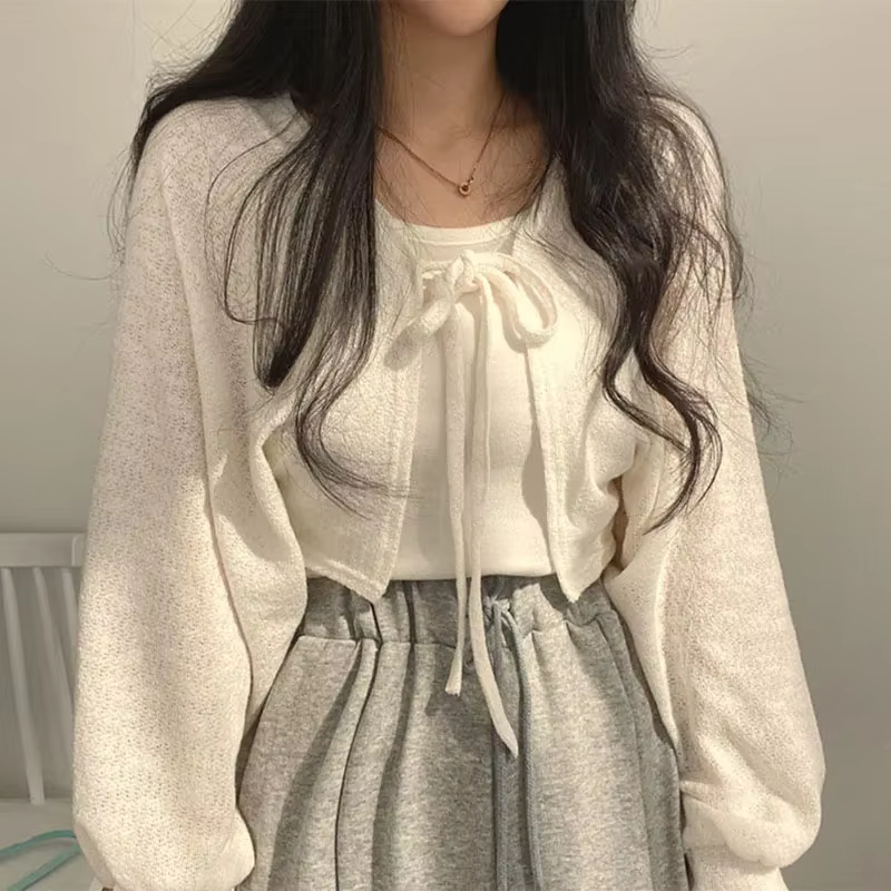 Cardigan blanc fin à lacets pour femme, tricot d'été, protection solaire, mode coréenne, manches lanternes, manteau court pour junior