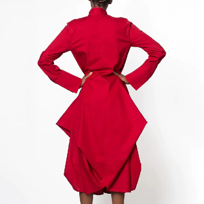 Robe mi-longue rouge à volants asymétriques pour femmes, col haut, col montant, manches longues, ample, élégante, robes de soirée, nouvelle collection 2026