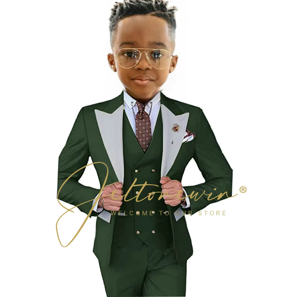 Costume pour garçon, veste, gilet, pantalon, 3 pièces, vert foncé, costume d'anniversaire, costume de cérémonie pour garçons, costume de mariage pour enfants, smoking