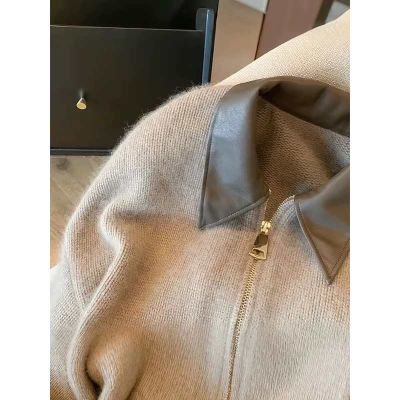 Patchwork fermeture éclair recadrée Cardigan femmes 400g épais automne tricoté pull Bomber veste Vintage 2000s court ajusté tricots manteau