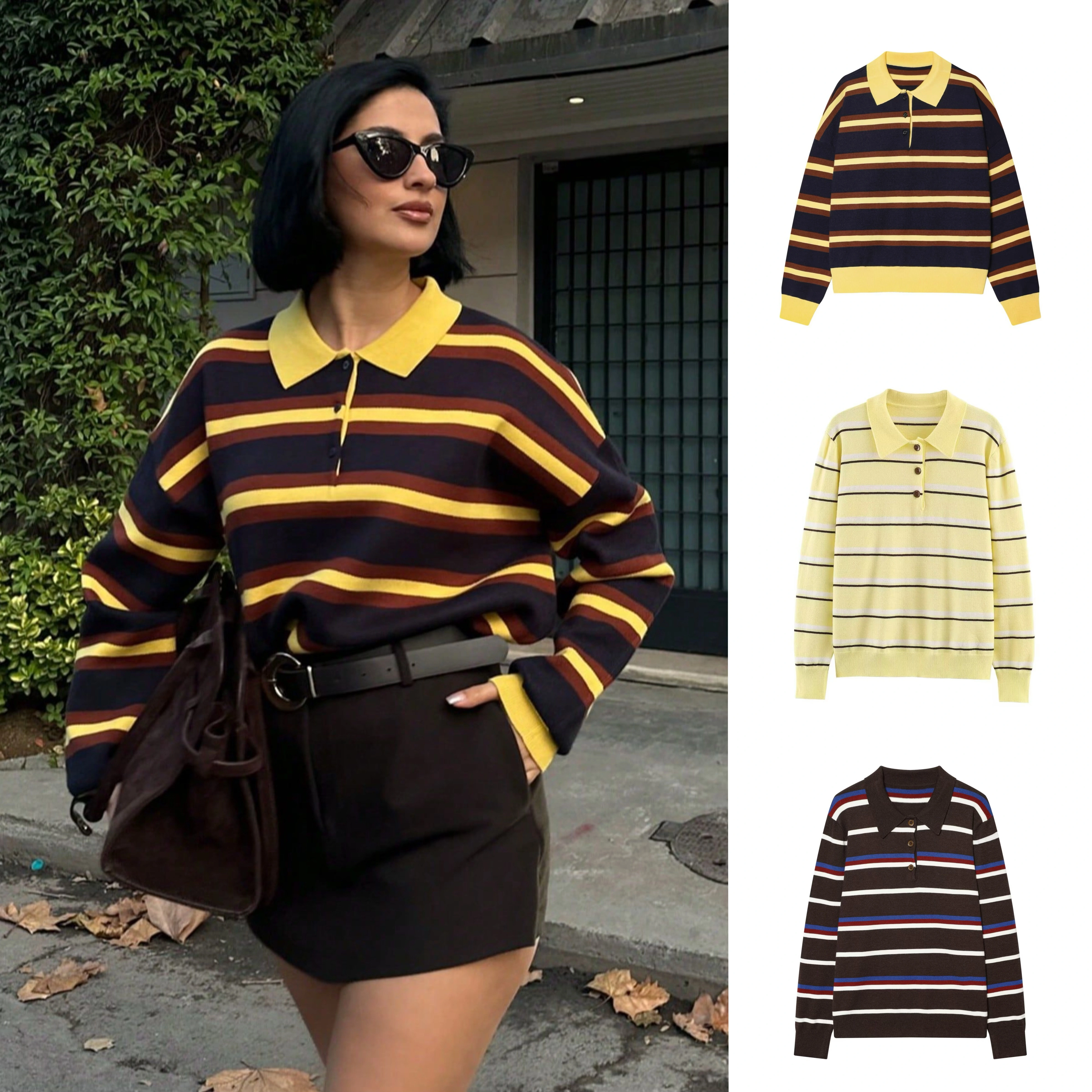 Pull en maille rayé à col polo style européen et américain pour femme