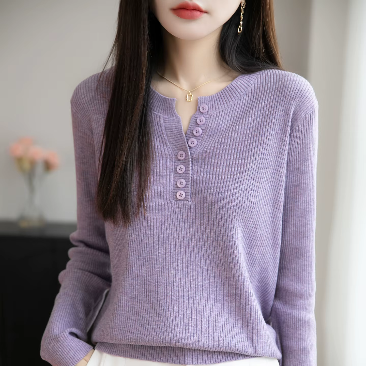Laine peignée col rond pull femmes couleur unie bouton à manches longues haut automne hiver mode tricot Stretch femme