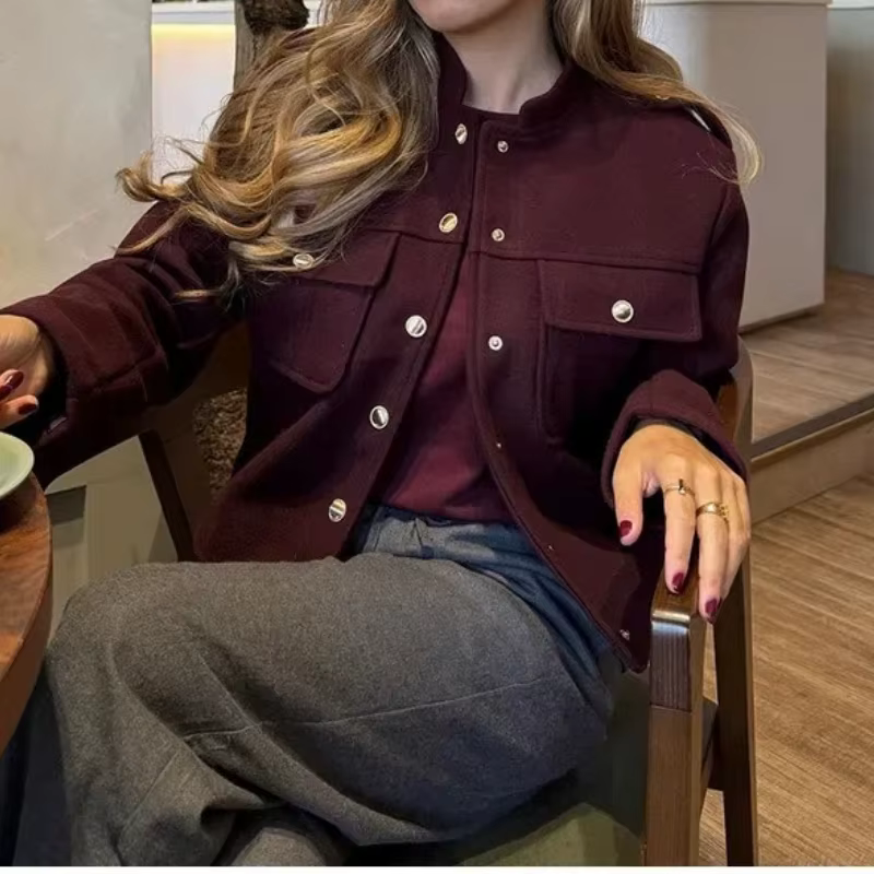 Veste courte à col montant pour femmes, manteau Vintage décontracté à Double boutonnage