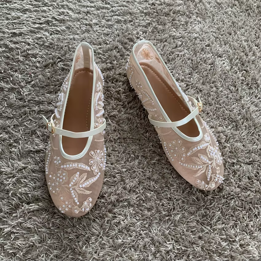 Maille broderie chaîne perle conception femmes ballerines mode boucle respirant Mary Jane chaussure confort talon bas doux plat sandale