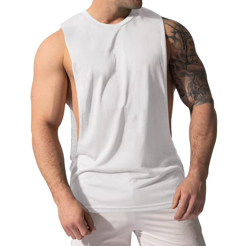 Gilet d'été pour homme à épaules larges, couleur unie, sportif, avec grandes fentes latérales, coupe ample, sans manches