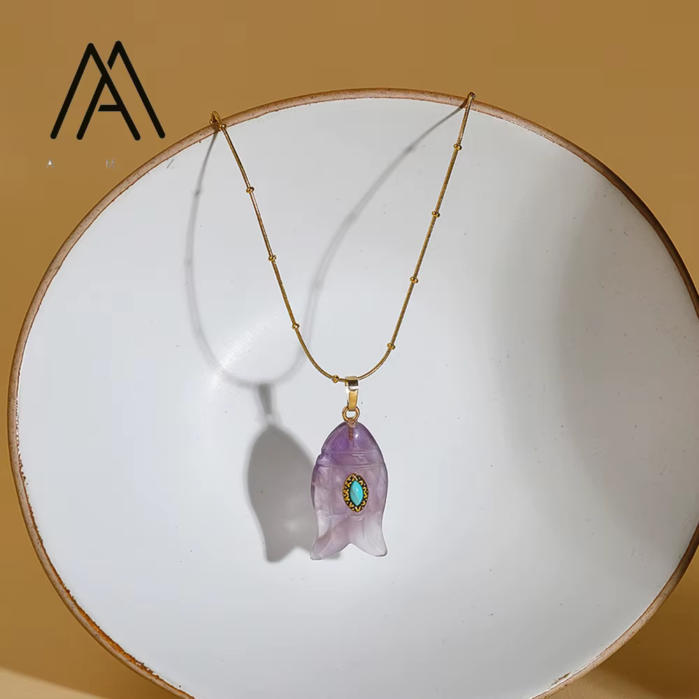 Collier en forme de poisson améthyste naturelle Malachite pendentif colliers bohème Mini collier Style unisexe usage quotidien de fête bijoux