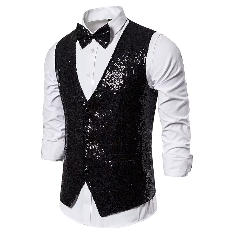 Gilet de luxe pour homme, col en V, coupe ajustée, scintillant, uni, avec nœud papillon, pour mariage, fête, cérémonie, veste sans manches