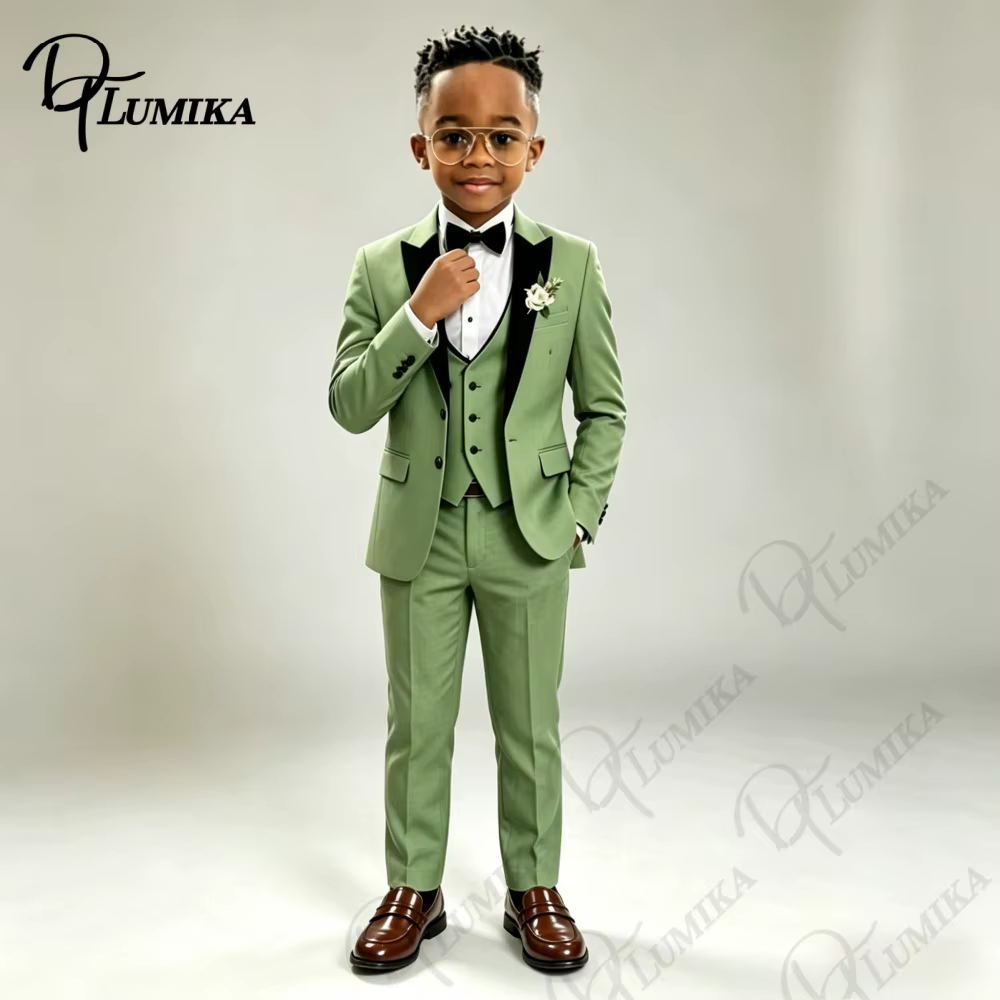 Ensemble costume vert pour garçons : veste, gilet, pantalon avec nœud papillon, blazer à revers pointus, smoking formel pour enfants pour mariage, fête, spectacle
